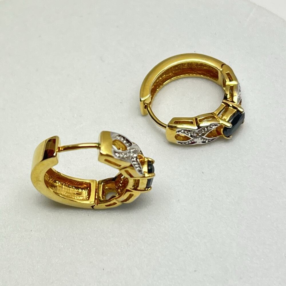 Vintage Sapphire CZ Earrings Gold Tone Omega Back Ornate Hoop - Picture 5 of 6